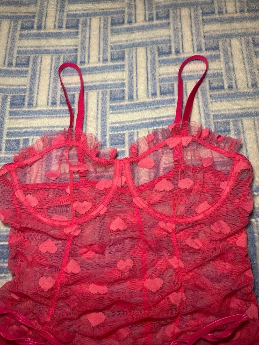 Hot Pink Ruffle Heart Design Sheer Lingerie Nightgown Teddy  Matching G-String